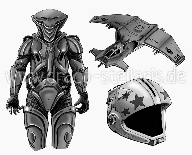 Space 2063 alien, spaceship and pilot’s helmet